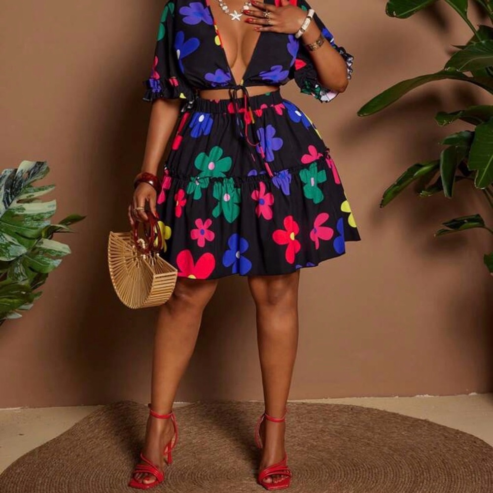 Floral Black Dress with Colorful Accents